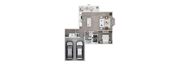 A floor plan of a house showing a living room, kitchen, two bedrooms, a bathroom, a garage, and a patios.