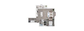 A floor plan of a house showing a living room, kitchen, bathroom, and laundry area.