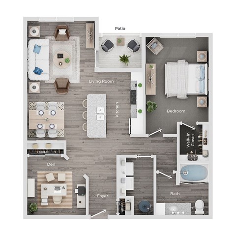A floor plan of a house showing a living room, kitchen, dining room, den, and bathroom.