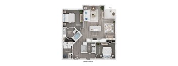 A floor plan of a house showing a living room, kitchen, two bedrooms, a bathroom, a walk-in closet, and a laundry area.