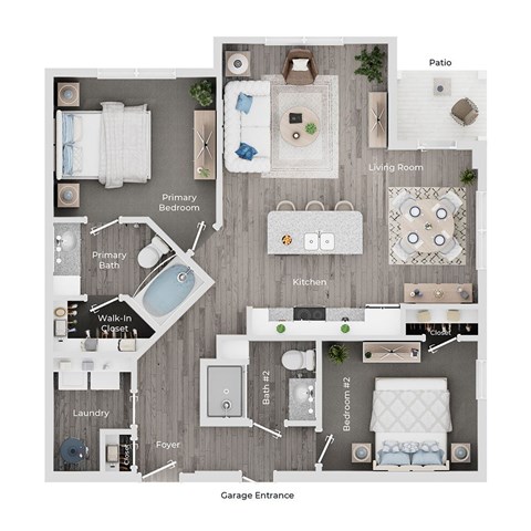 A floor plan of a house showing a living room, kitchen, two bedrooms, a bathroom, a walk-in closet, and a laundry area.