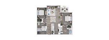 A floor plan of a house with a balcony, two bathrooms, a laundry area, and a kitchen.