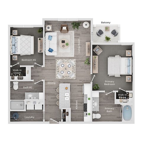 A floor plan of a house with a balcony, two bathrooms, a laundry area, and a kitchen.