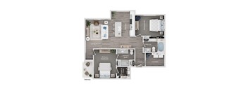 A floor plan of a house showing a living room, two bedrooms, a laundry room, and a balcony.