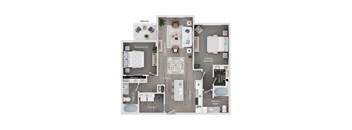 A floor plan of a house with a balcony, two bedrooms, a dining area, a laundry room, and a primary bath.