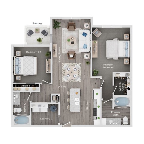 A floor plan of a house with a balcony, two bedrooms, a dining area, a laundry room, and a primary bath.