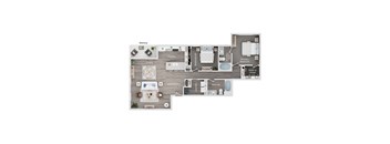 A floor plan of a house showing a living room, dining room, kitchen, laundry, and two bedrooms.