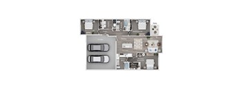 A floor plan of a house with a living room, dining room, kitchen, two bathrooms, a garage and three bedrooms.