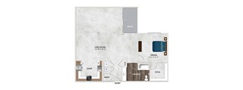 A floor plan of a small apartment with a living room, kitchen, and bathroom.