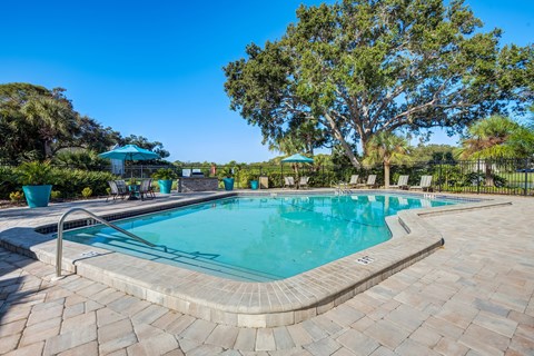 A rectangular pool with a curved edge and a brick border L'Estancia, Sarasota, FL, 34231