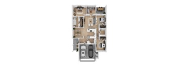 3d floor plan of a house with cars and a garage