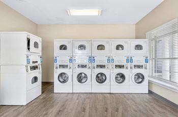 A row of white washing machines are lined up in a room.