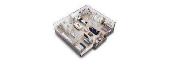 A 3D floor plan of a house with multiple rooms.