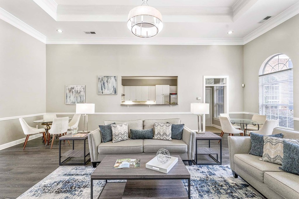 A modern living room with a grey sofa, a coffee table, and a large window.