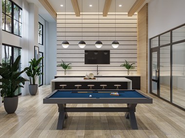 a rendering of a game room with a pool table and a tv - Photo Gallery 5