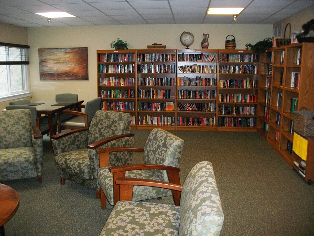 a library filled with chairs and shelves of books