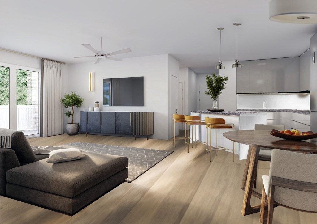 a rendering of a living room with a kitchen and a dining room