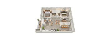 A 3D floor plan of a house with two bedrooms, a living room, a kitchen, and a bathroom.