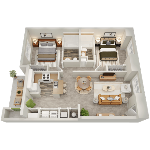 A 3D floor plan of a house with two bedrooms, a living room, a kitchen, and a bathroom.