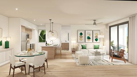 a rendering of a living room and dining room in an apartment