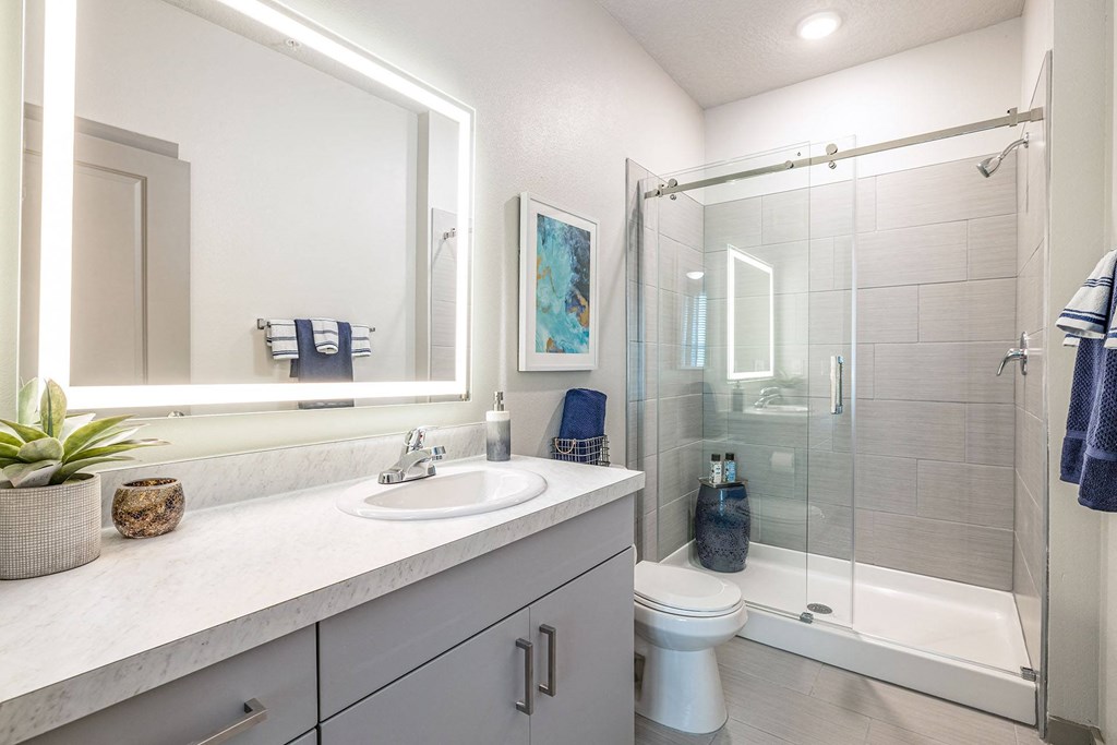 Apartments for Rent in Daytona Beach, FL - Madison Pointe - Bathroom with LED Vanity Mirror, Glass Shower Sliding Doors, and Granite-Style Sink.