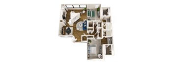 A top-down view of a small apartment with a kitchen, living room, and bedroom.