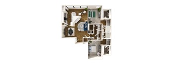 A top down view of a small apartment with a kitchen, living room, and bathroom.