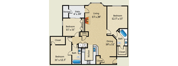 A floor plan of a house with a living room, two bedrooms, a patio, and a kitchen.