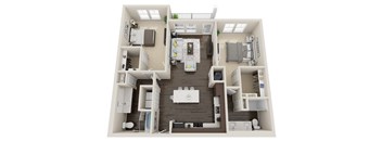A top-down view of a small apartment with a kitchen, living room, and bedroom.