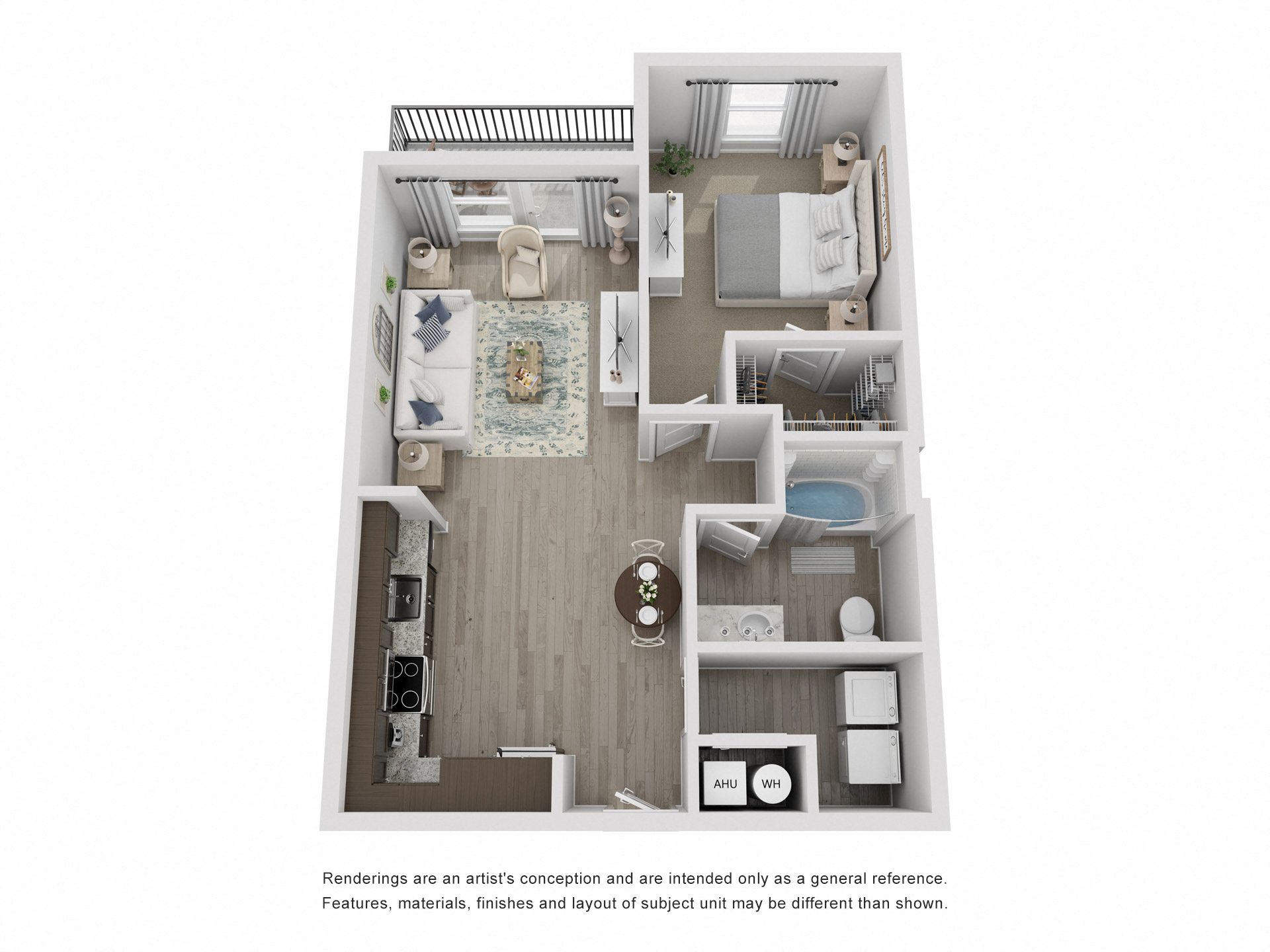 A floor plan of a small apartment with a kitchen, living room, and bedrooms.