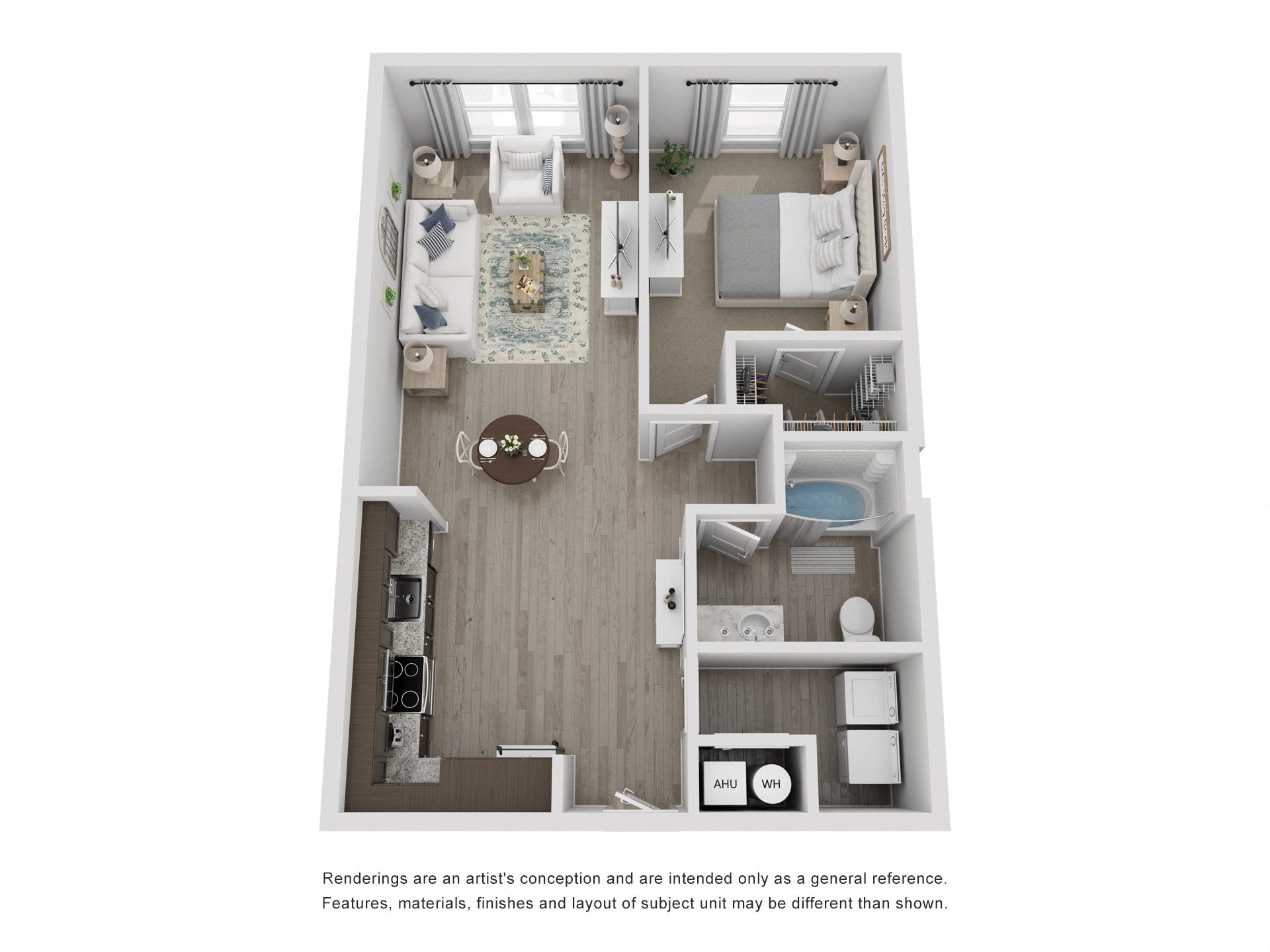 A floor plan of a house with a kitchen, living room, and two bedrooms.