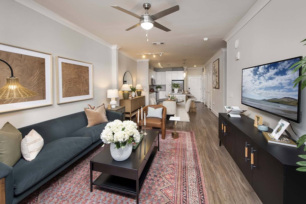 A living room with a grey couch, a coffee table, and a flat screen TV mounted on the wall.