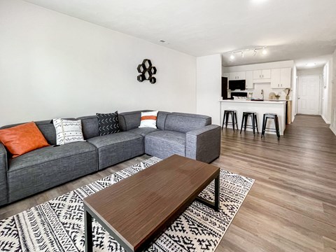 A living room with a grey couch and a coffee table.