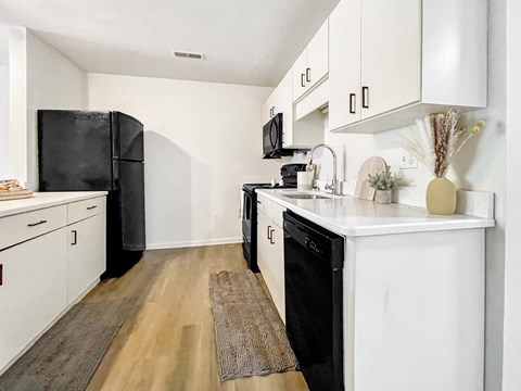 A black fridge and dishwasher in a white kitchen.