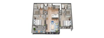 A 3D floor plan of a house with a living room, kitchen, and two bedrooms.