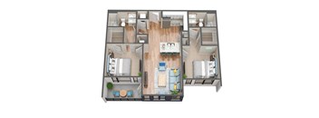 A 3D floor plan of a house with a living room, dining room, kitchen, and bedrooms.