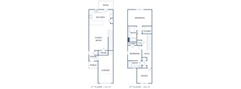 a floor plan of a two story house with a garage and an open concept living room with