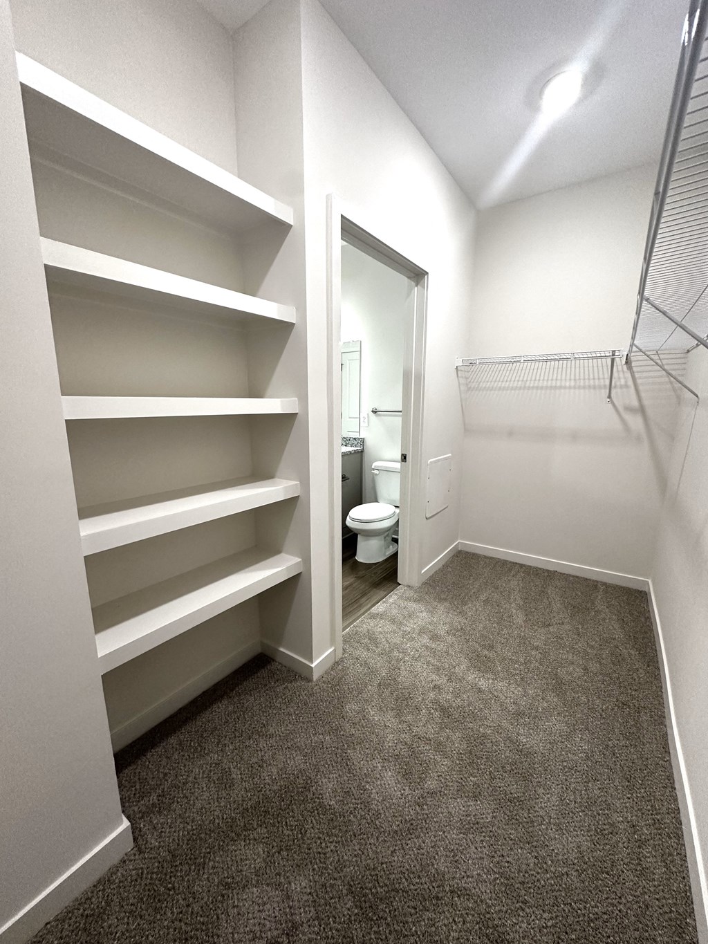 a walk in closet in a bathroom with a toilet