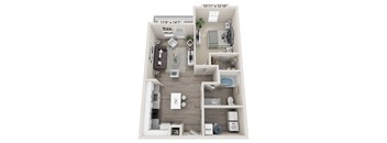 A 3D floor plan of a small apartment with a kitchen, living room, and bathroom.