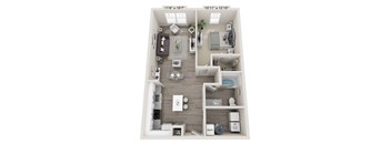 A 3D floor plan of a small apartment with a living room, kitchen, and bathroom.