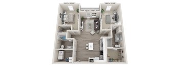 A 10x12 room layout with a kitchen, living room, and two bedrooms.