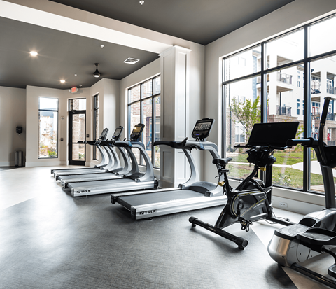 Luxury Apartments in Huntersville, NC, with In-Unit Washer and Dryer - Apartments at Holly Crest - Fitness Center With Treadmills, Stationary Bikes, Large Windows, and Dark Flooring.