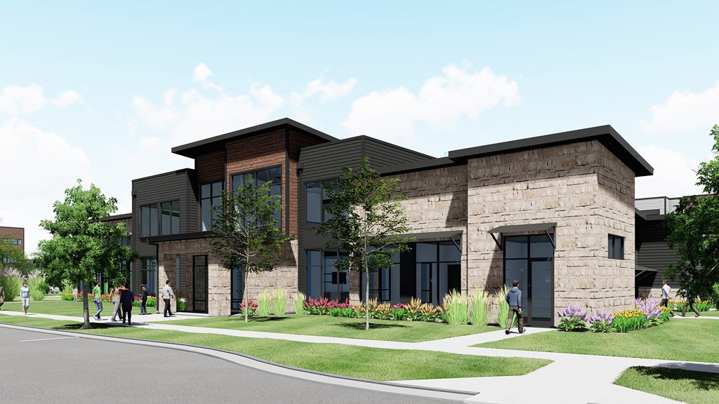 a rendering of a brick and stone building with people walking in front of it