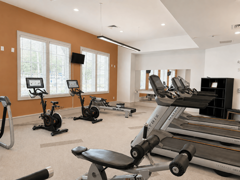A gym with a variety of exercise equipment including treadmills, stationary bikes, and weight machines.