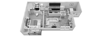 A 3D floor plan of a house with a kitchen, living room, and bathroom.