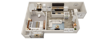 A 3D floor plan of a house showing a living room, kitchen, dining room, and bedrooms.