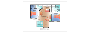 a floor plan of two bedroom plan with two baths and a balcony
