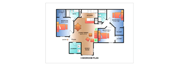 a floor plan of a 3 bedroom plan with a bathroom and a living room