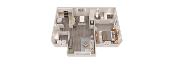 A 3D floor plan of a small apartment with a kitchen, living room, and bathroom.