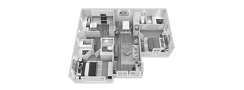 A 3D floor plan of a house with a kitchen, living room, and bedrooms.